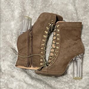 Brown Suede Ankle Boots with Clear Heels